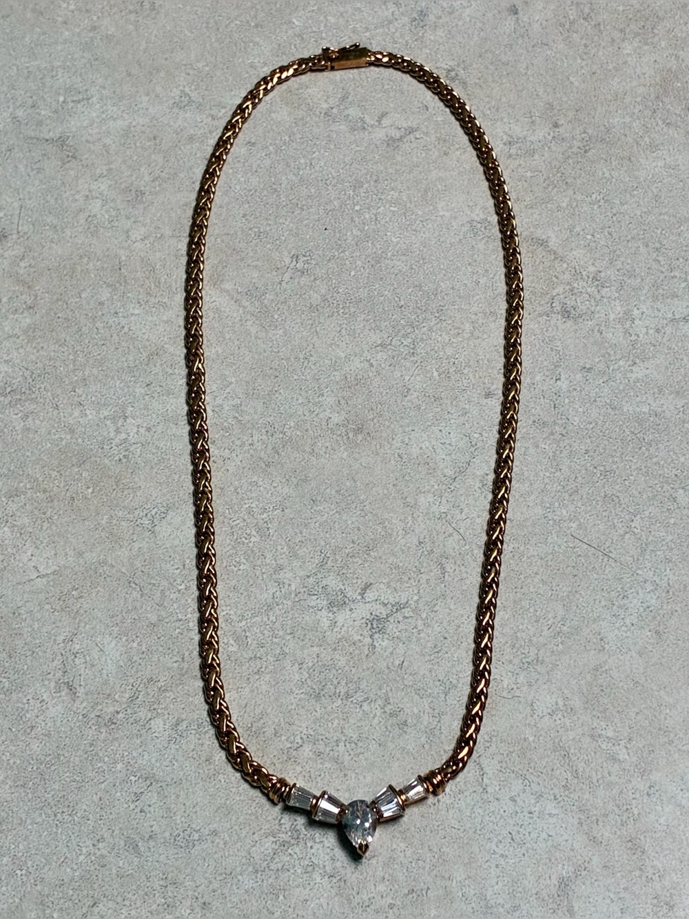 Elegant Gold-Tone Costume Jewelry Necklace with Clear Crystal Pendant 18 Inches